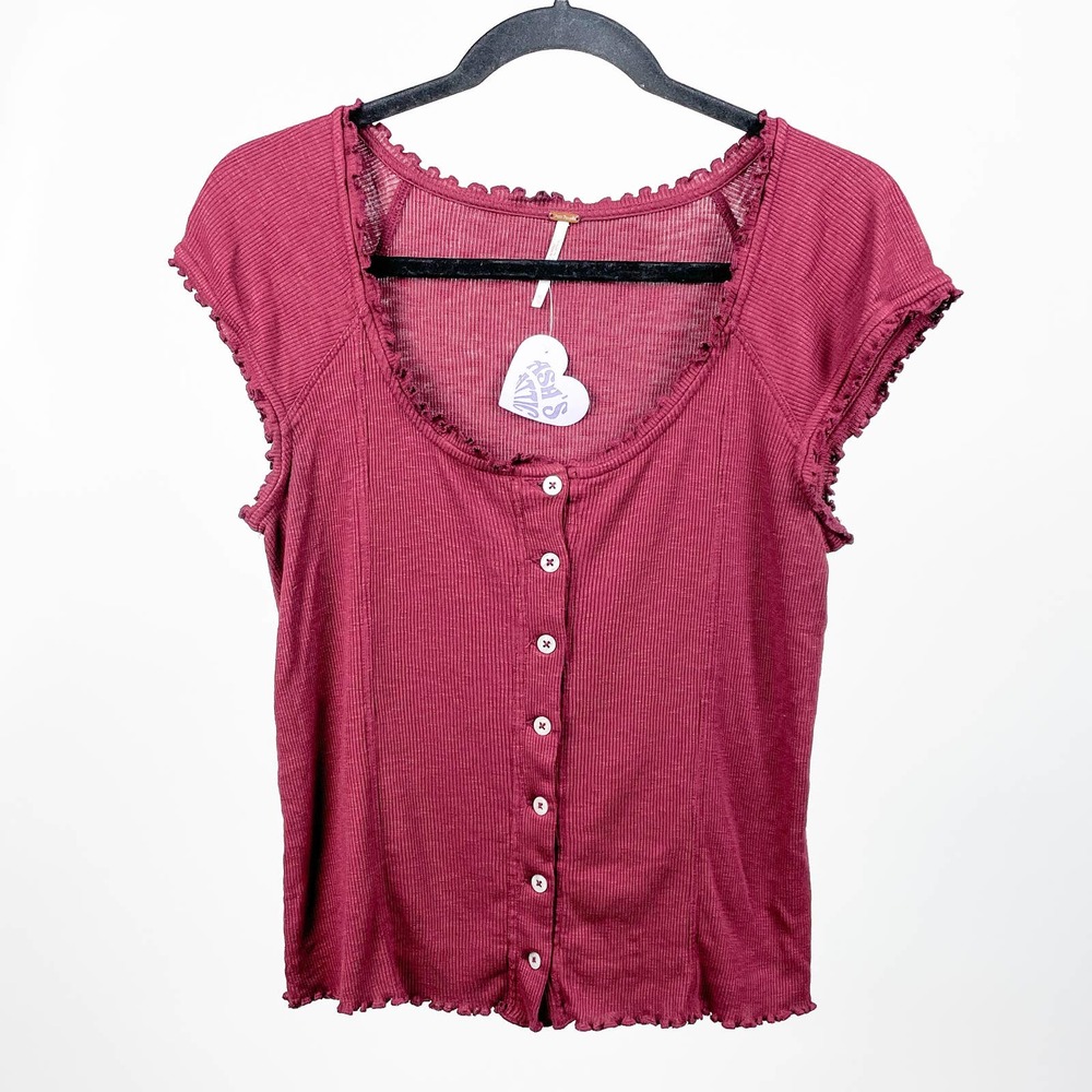 Free People Red Button-Up Ruffle Hem Lettuce Trim Top Blouse Shirt Boho